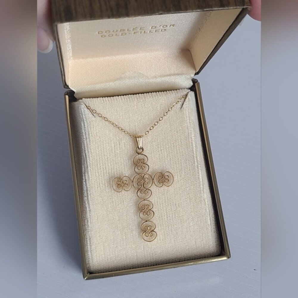 Vintage Gold Filled Baroque Filigree Large Cross Pendant Statement Necklace